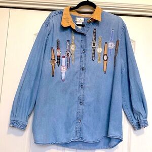 Vintage Bobbie Brooks denim blouse Overshirt Womens 18/20 button up embroidery
